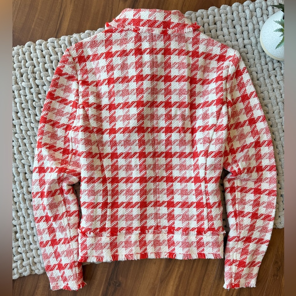 Ann Taylor | Houndstooth Tweed Fringe Full-Zip Blazer Deep Orange/White | MP - Picture 3 of 16